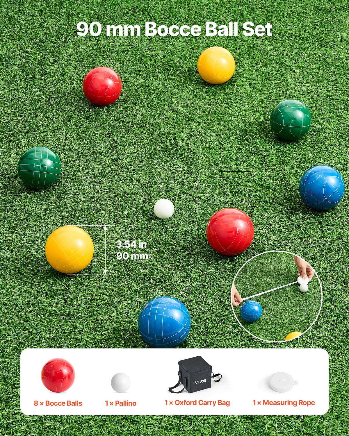 VEVOR Bocce Ball Set, 90 mm, with 8 Resin Balls, Pallino, Carrying Bag and Measuring Rope, Red/Green/Blue/Yellow 4 Colors, for 2 to 8 Players, Bocce Ball Game Set for Beach, Lawn, Family Backyard - DZQTZSZ90MM46L6V9001V0 - view 7