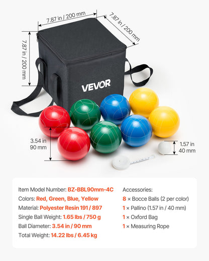 VEVOR Bocce Ball Set, 90 mm, with 8 Resin Balls, Pallino, Carrying Bag and Measuring Rope, Red/Green/Blue/Yellow 4 Colors, for 2 to 8 Players, Bocce Ball Game Set for Beach, Lawn, Family Backyard - DZQTZSZ90MM46L6V9001V0 - view 8