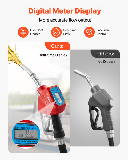 VEVOR 1 Inch Barb Digital Fuel Nozzle with Swivel, Max Flow Rate 12.6 GPM, Auto Shut Off Diesel Gas Pump Nozzle with 3/16 in (OD=20 mm) Spout & Digital Display, Used for Gasoline, Diesel, Kerosene Red - DZSRYPZJSSL16YH9V001V9 - view 4