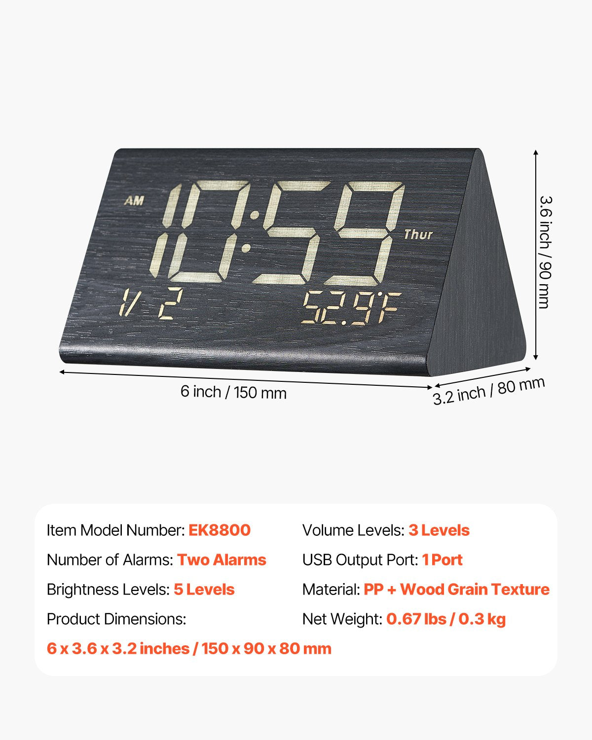 VEVOR Digital Alarm Clock, Wooden Desk Clock with Dual Alarm, USB Port, Snooze, Night Light, Voice Control, Adjustable Volume, Bedside Desktop Clock with Charger for Bedroom, Kitchen, Office, Black - DZTZFMCD0000KIIR3V1 - view 8