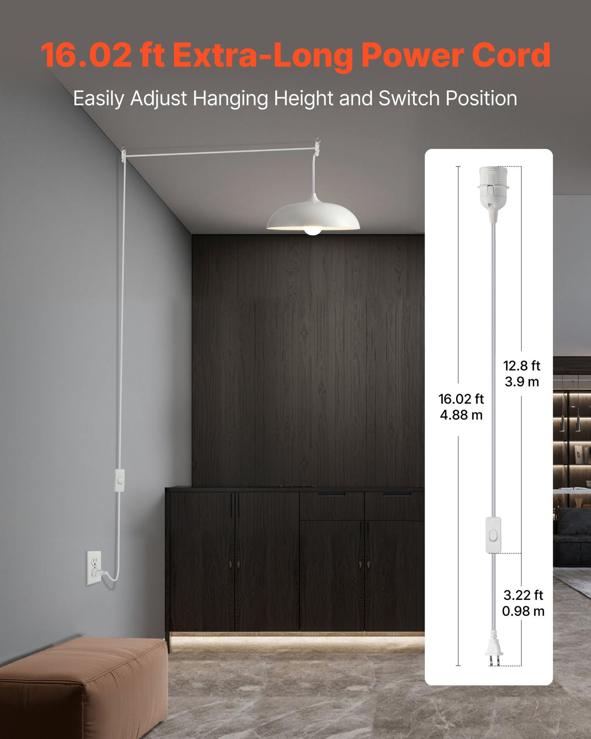 VEVOR Plug in Hanging Light Cord Kit, 16ft Lantern Extension Cords, 2 Pack E26 Light Socket Lamp Cord Replacement, Secure & Sturdy, Easy to Install, Pendant Lamp Kit On/Off Switch & Socket Rings - DZXGXTZ2G000XUU0O001V1 - view 3