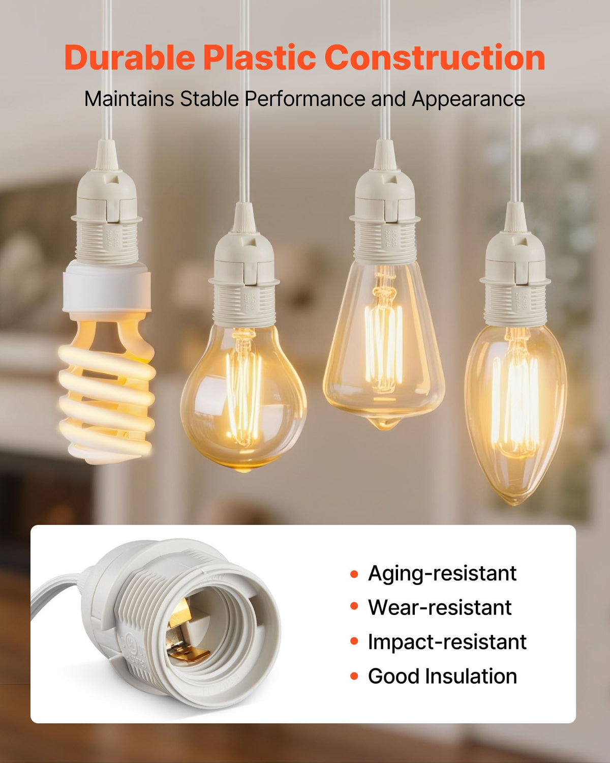 VEVOR Plug in Hanging Light Cord Kit, 16ft Lantern Extension Cords, 2 Pack E26 Light Socket Lamp Cord Replacement, Secure & Sturdy, Easy to Install, Pendant Lamp Kit On/Off Switch & Socket Rings - DZXGXTZ2G000XUU0O001V1 - view 4