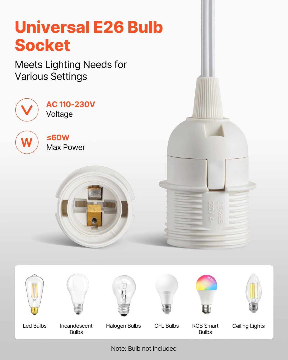 VEVOR Plug in Hanging Light Cord Kit, 16ft Lantern Extension Cords, 2 Pack E26 Light Socket Lamp Cord Replacement, Secure & Sturdy, Easy to Install, Pendant Lamp Kit On/Off Switch & Socket Rings - DZXGXTZ2G000XUU0O001V1 - view 5