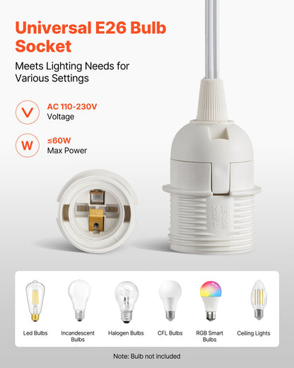 VEVOR Plug in Hanging Light Cord Kit, 16ft Lantern Extension Cords, 2 Pack E26 Light Socket Lamp Cord Replacement, Secure & Sturdy, Easy to Install, Pendant Lamp Kit On/Off Switch & Socket Rings - DZXGXTZ2G000XUU0O001V1 - view 5