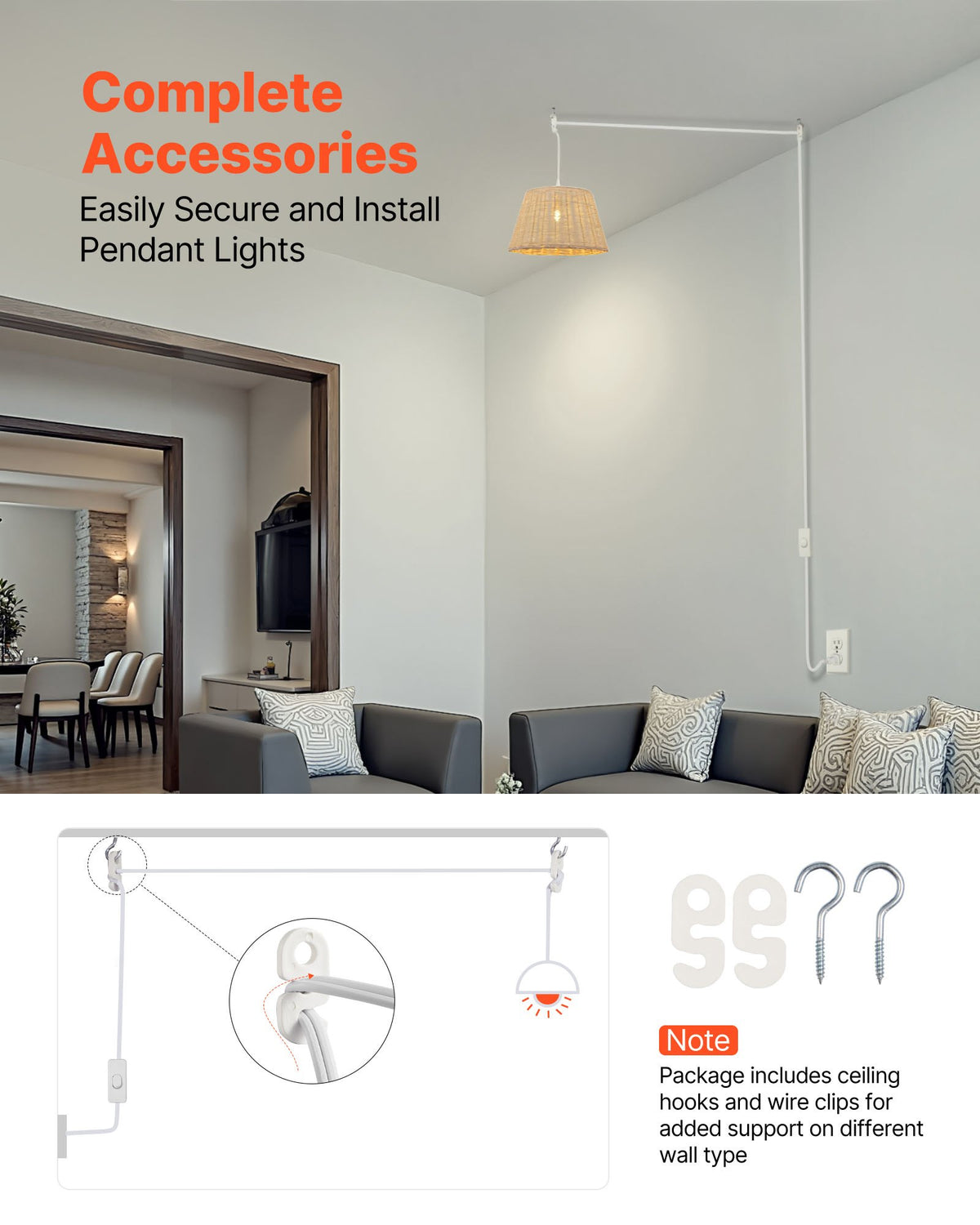 VEVOR Plug in Hanging Light Cord Kit, 16ft Lantern Extension Cords, 2 Pack E26 Light Socket Lamp Cord Replacement, Secure & Sturdy, Easy to Install, Pendant Lamp Kit On/Off Switch & Socket Rings - DZXGXTZ2G000XUU0O001V1 - view 6