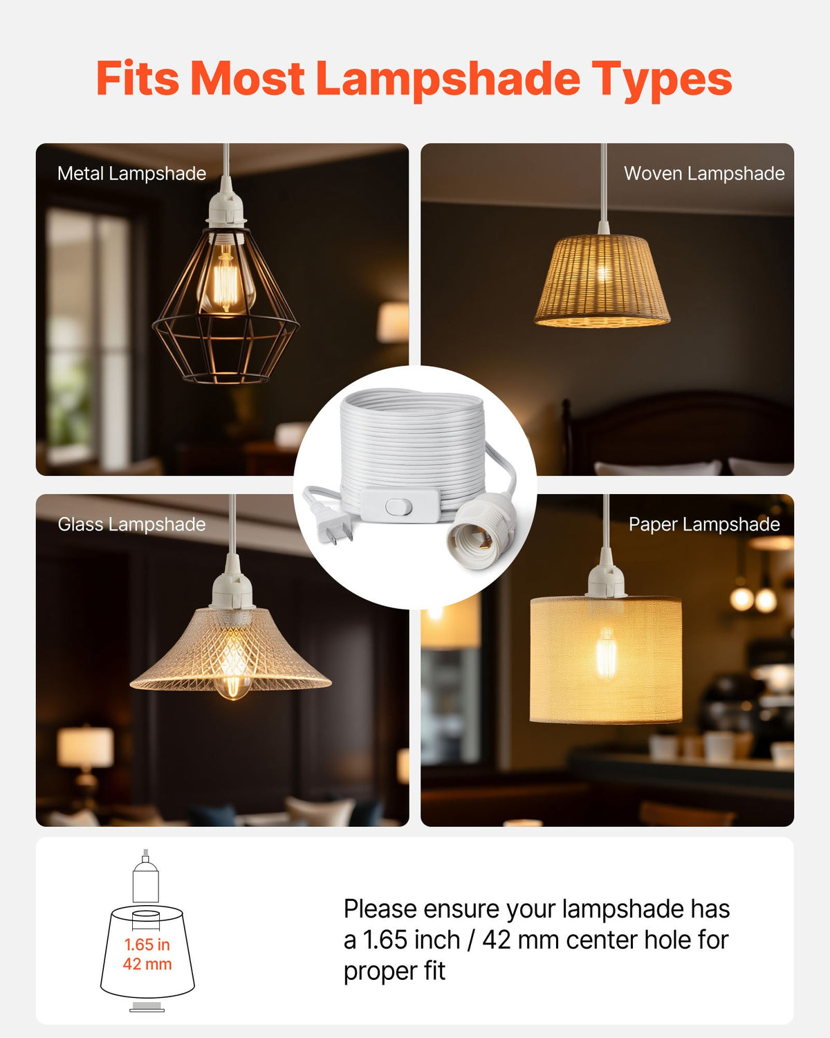 VEVOR Plug in Hanging Light Cord Kit, 16ft Lantern Extension Cords, 2 Pack E26 Light Socket Lamp Cord Replacement, Secure & Sturdy, Easy to Install, Pendant Lamp Kit On/Off Switch & Socket Rings - DZXGXTZ2G000XUU0O001V1 - view 7