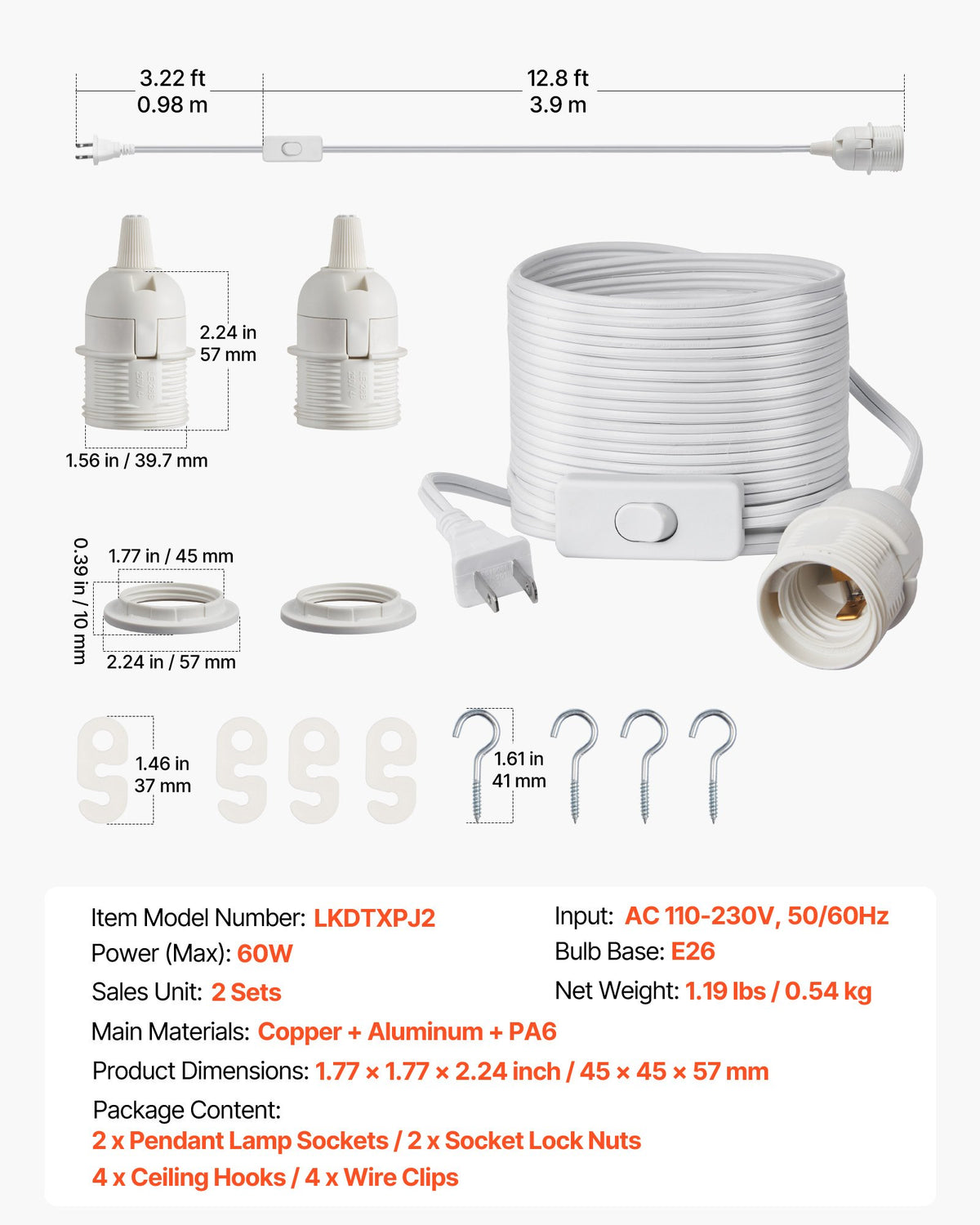 VEVOR Plug in Hanging Light Cord Kit, 16ft Lantern Extension Cords, 2 Pack E26 Light Socket Lamp Cord Replacement, Secure & Sturdy, Easy to Install, Pendant Lamp Kit On/Off Switch & Socket Rings - DZXGXTZ2G000XUU0O001V1 - view 8