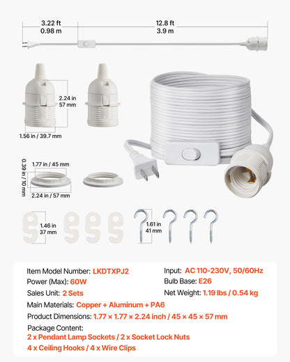 VEVOR Plug in Hanging Light Cord Kit, 16ft Lantern Extension Cords, 2 Pack E26 Light Socket Lamp Cord Replacement, Secure & Sturdy, Easy to Install, Pendant Lamp Kit On/Off Switch & Socket Rings - DZXGXTZ2G000XUU0O001V1 - view 8
