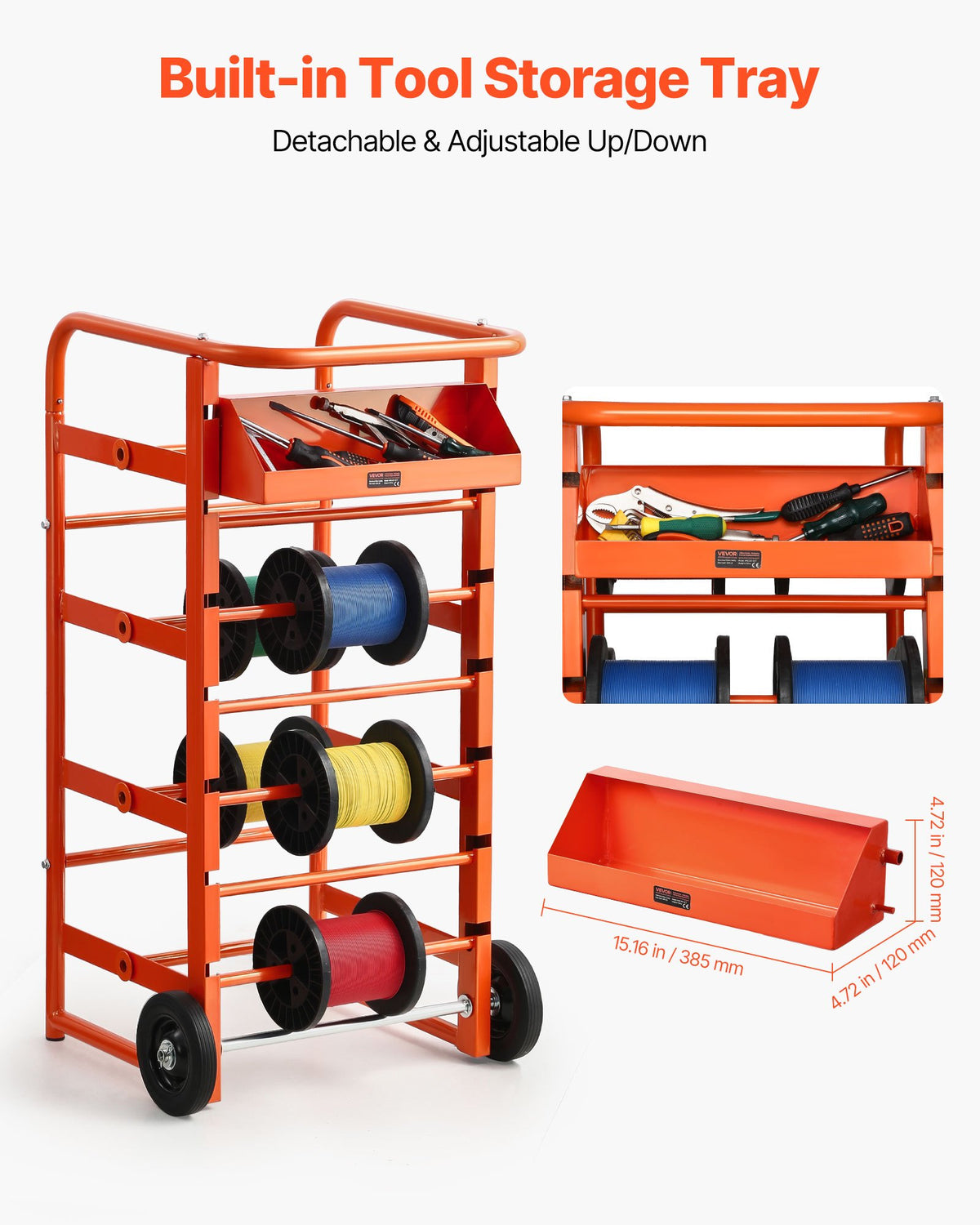 VEVOR Wire Spool Rack, 11 Rods, Multi-Spool Wire Rack Dispenser, Cable Caddy with Wheels, Cable Holder with Storage Tray for Wiring Storage, for Electrical, Industrial & Retail Use, Working Efficiency - DZXTCDZTC0000VTN8001V0 - view 6