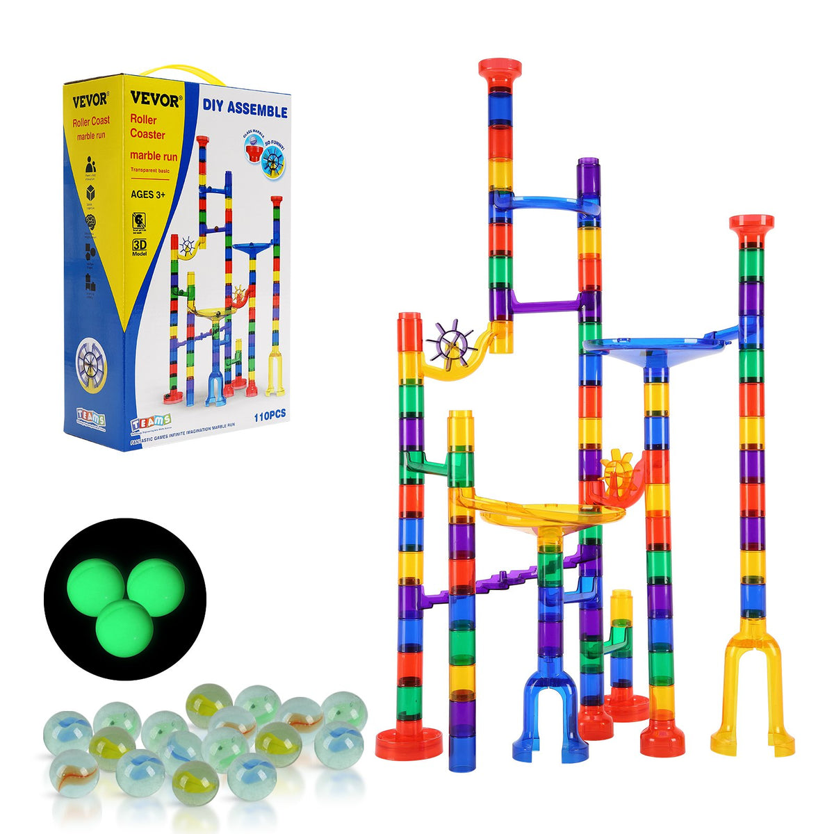 VEVOR Marble Run Set, 110 Piece Marble Maze Building Block Brain Game, with 10 Glow in the Dark Marbles + 20 Glass Marbles, Educational Learning Race Track STEM Toys, for Kids, Boys, Girls Ages 3 + - DZYXTZBTMCSSBLG1UV0 - view 1