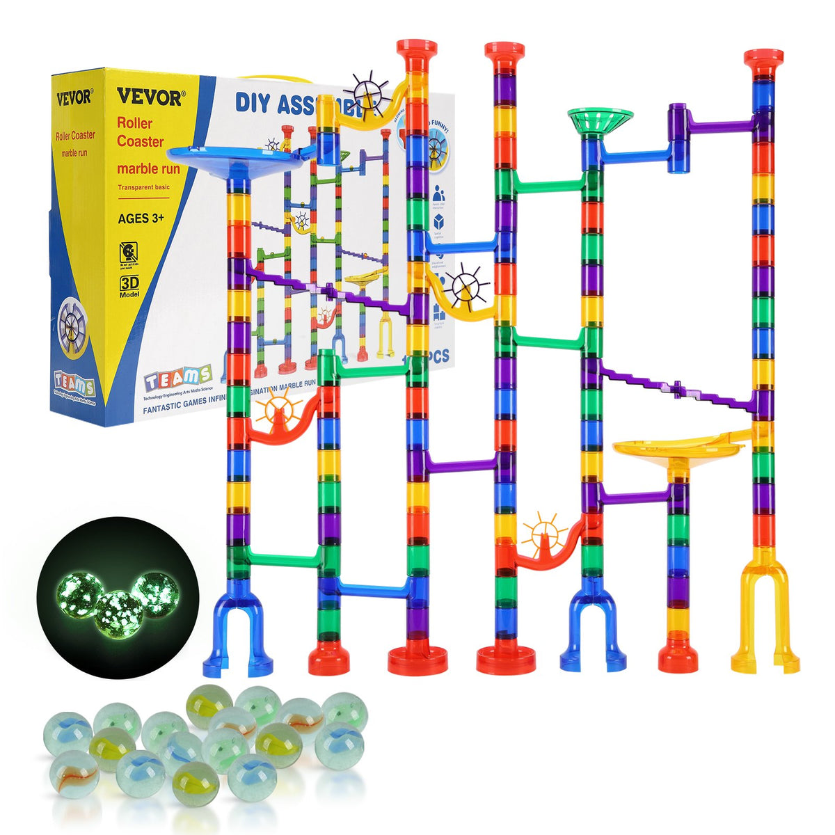 VEVOR Marble Run Set, 145 Piece Marble Maze Building Block Brain Game, with 5 Glow in the Dark Marbles + 40 Glass Marbles, Educational Learning Race Track STEM Toys, for Kids, Boys, Girls Ages 3 + - DZYXTZBTMCSSXEGKPV9 - view 10