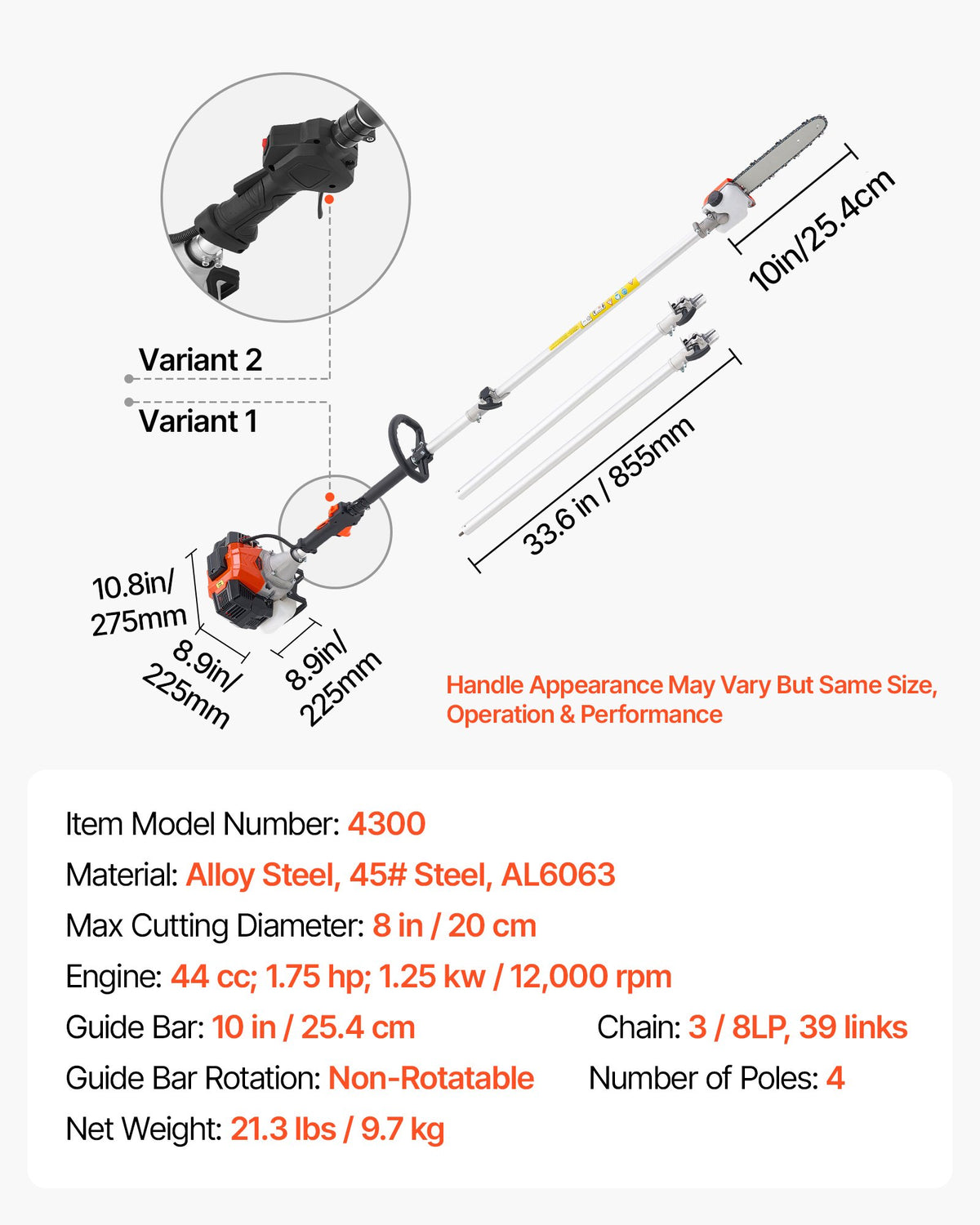 VEVOR Gas Pole Saw, 43CC 2 Stroke Gas Powered Pole Saws with 10 in Cutting Bar, Cordless Tree Trimmer with 30 fl.oz Fuel Tank, 6.8 to 11.7 ft Extendable, Powerful Chainsaw for Tree Trimming Pruning - ECCYJ43CC11FIMEJL002V0 - view 8