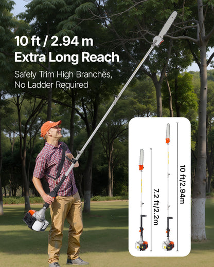 VEVOR Gas Pole Saw, 52CC 2 Stroke Gas Powered Pole Saws with 14 in Cutting Bar, Cordless Tree Trimmer with 30 fl.oz Fuel Tank, 7.2 to 10 ft Extendable, Powerful Chainsaw for Tree Trimming Pruning - ECCYJ52CC10F11LQ9002V0 - view 3