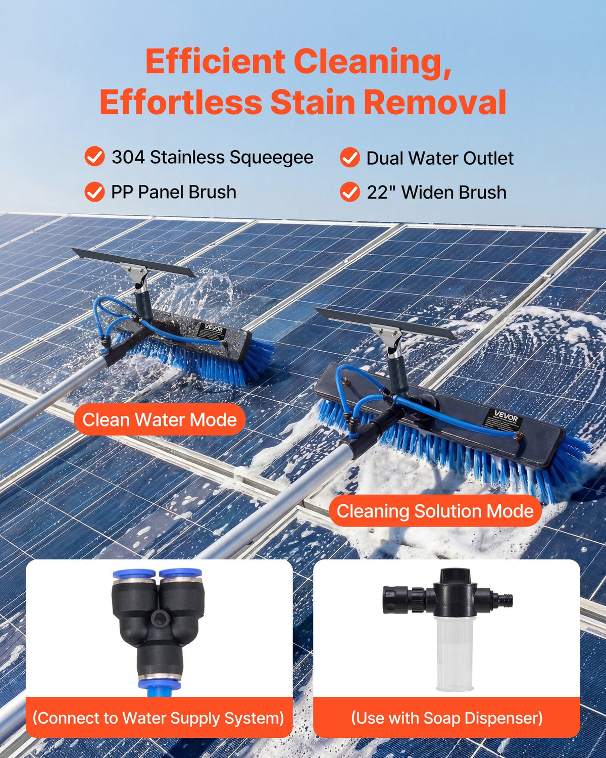 VEVOR Solar Panel Cleaning Kit, 33 ft, Water Fed Pole Kit with Cleaning Brush, Squeegee, Soap Dispenser, Extendable Aluminum Telescopic Pole, 180° Rotatable Brush Head, for Roof Mounted Solar Panels - EHYTYNDCBQJTM20T3001V0 - view 3