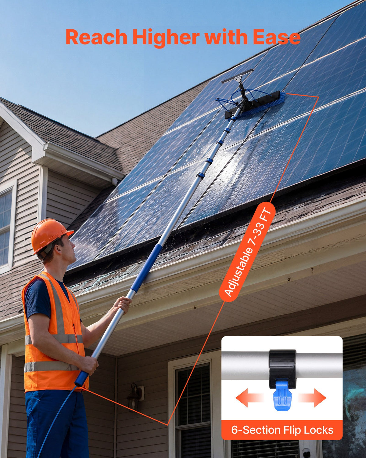 VEVOR Solar Panel Cleaning Kit, 33 ft, Water Fed Pole Kit with Cleaning Brush, Squeegee, Soap Dispenser, Extendable Aluminum Telescopic Pole, 180° Rotatable Brush Head, for Roof Mounted Solar Panels - EHYTYNDCBQJTM20T3001V0 - view 5