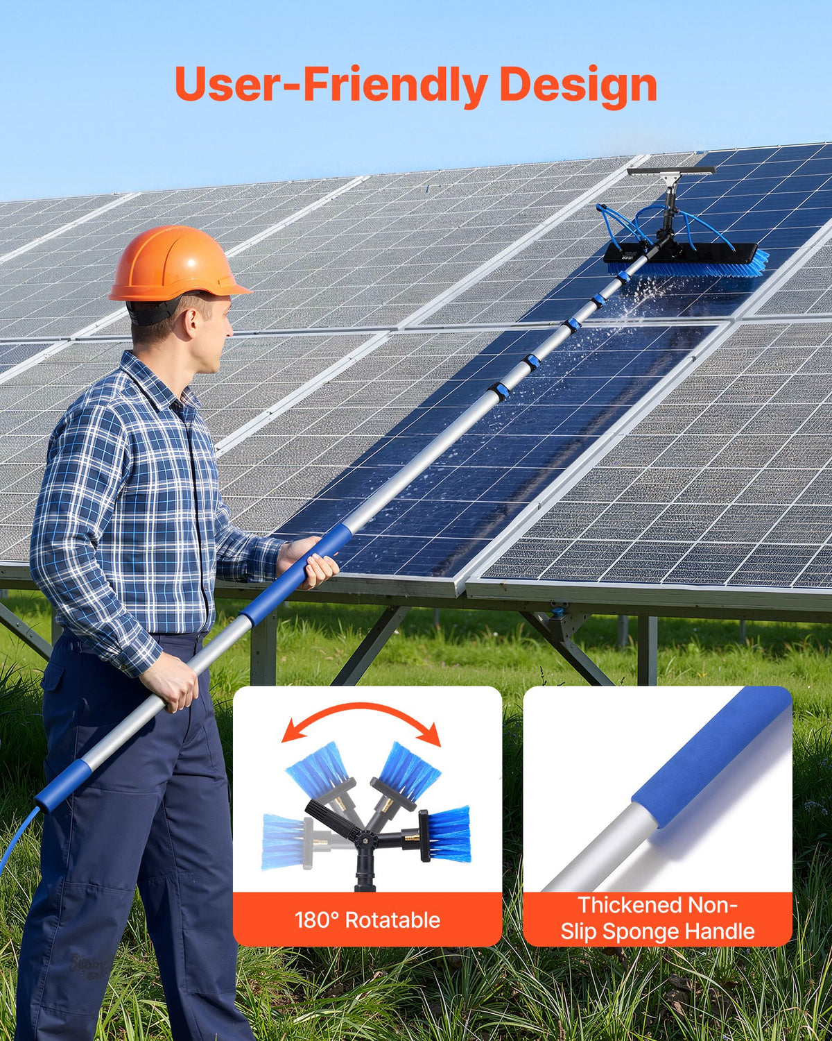 VEVOR Solar Panel Cleaning Kit, 33 ft, Water Fed Pole Kit with Cleaning Brush, Squeegee, Soap Dispenser, Extendable Aluminum Telescopic Pole, 180° Rotatable Brush Head, for Roof Mounted Solar Panels - EHYTYNDCBQJTM20T3001V0 - view 7