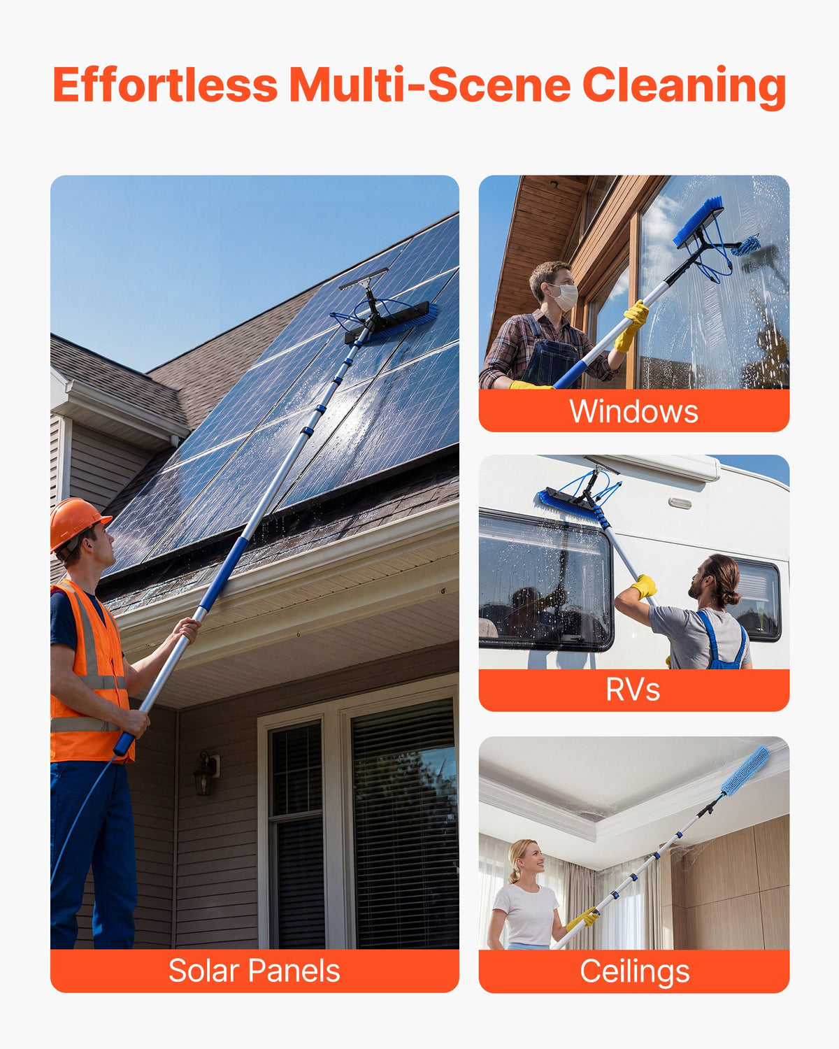VEVOR Solar Panel Cleaning Kit, 33 ft, Water Fed Pole Kit with Cleaning Brush, Squeegee, Soap Dispenser, Extendable Aluminum Telescopic Pole, 180° Rotatable Brush Head, for Roof Mounted Solar Panels - EHYTYNDCBQJTM20T3001V0 - view 8