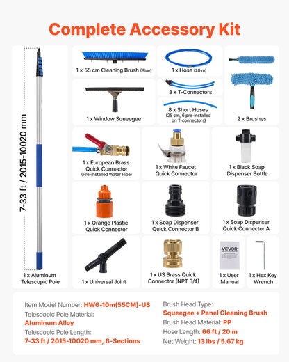 VEVOR Solar Panel Cleaning Kit, 33 ft, Water Fed Pole Kit with Cleaning Brush, Squeegee, Soap Dispenser, Extendable Aluminum Telescopic Pole, 180° Rotatable Brush Head, for Roof Mounted Solar Panels - EHYTYNDCBQJTM20T3001V0 - view 9
