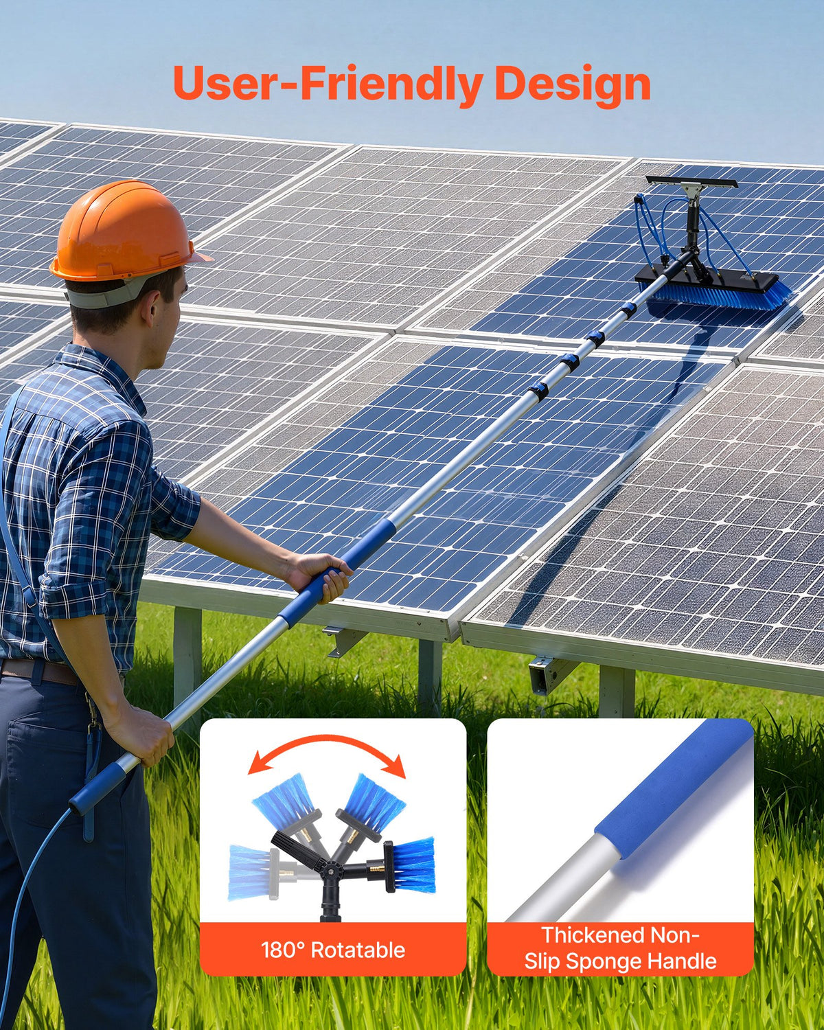 VEVOR Solar Panel Cleaning Kit, 26 ft, Water Fed Pole Kit with Cleaning Brush, Squeegee, Soap Dispenser, Extendable Aluminum Telescopic Pole, 180° Rotatable Brush Head, for Roof Mounted Solar Panels - EHYTYNDCBQJTPYVNG001V0 - view 7