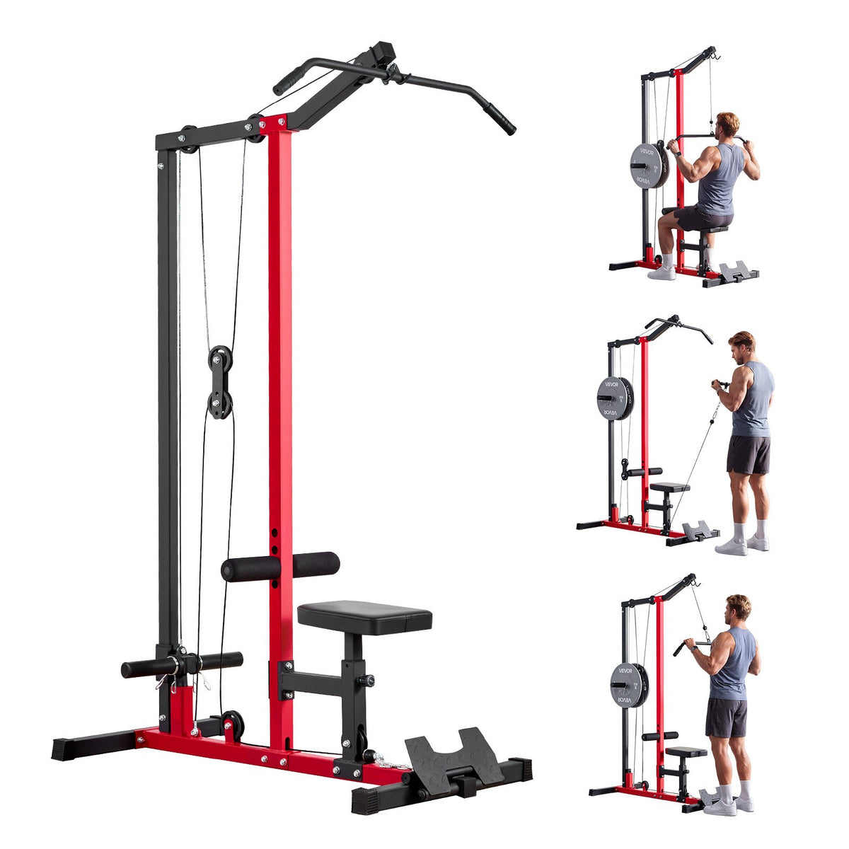 VEVOR LAT Pull Down Machine, 2-in-1 Row Cable Machine, Cable Machines Home Gym with 3-Level Adjustable Seat, 4-Level Adjustable Foam Roller, Load 500 lbs Lat Tower for Back, Chest, Tricep, Black Red - EHYXLJLDSGLPGHTTT001V0 - view 1