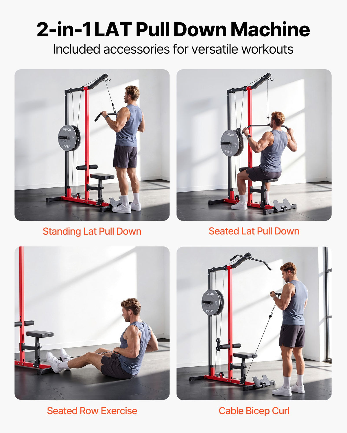 VEVOR LAT Pull Down Machine, 2-in-1 Row Cable Machine, Cable Machines Home Gym with 3-Level Adjustable Seat, 4-Level Adjustable Foam Roller, Load 500 lbs Lat Tower for Back, Chest, Tricep, Black Red - EHYXLJLDSGLPGHTTT001V0 - view 3