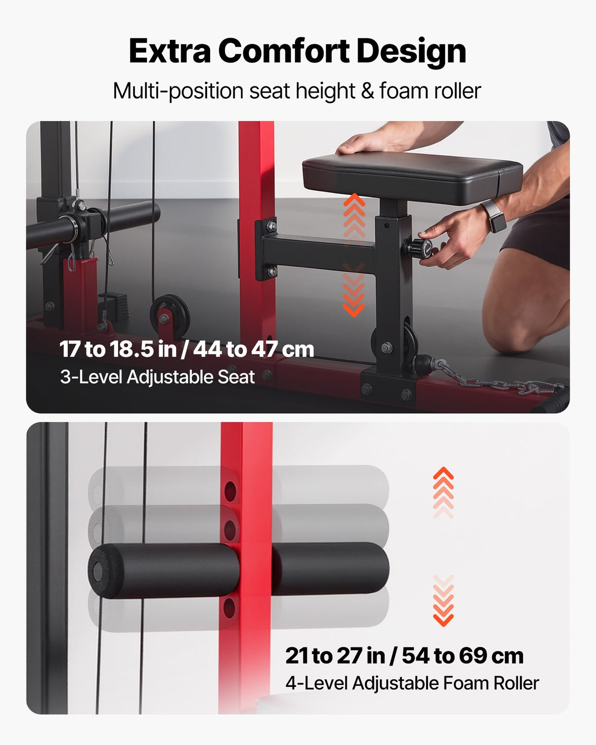 VEVOR LAT Pull Down Machine, 2-in-1 Row Cable Machine, Cable Machines Home Gym with 3-Level Adjustable Seat, 4-Level Adjustable Foam Roller, Load 500 lbs Lat Tower for Back, Chest, Tricep, Black Red - EHYXLJLDSGLPGHTTT001V0 - view 7