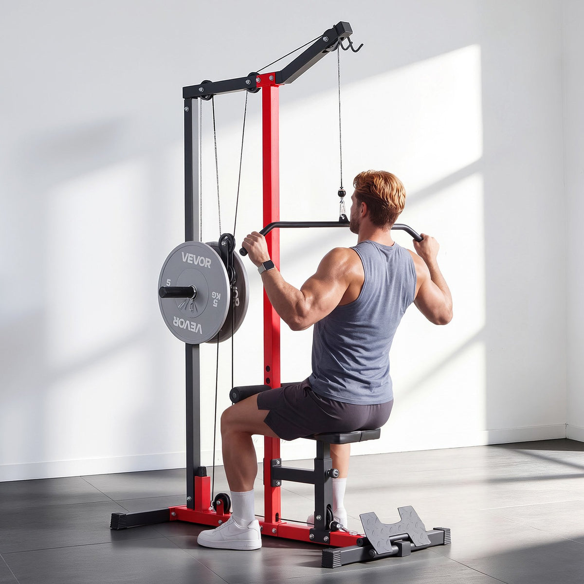 VEVOR LAT Pull Down Machine, 2-in-1 Row Cable Machine, Cable Machines Home Gym with 3-Level Adjustable Seat, 4-Level Adjustable Foam Roller, Load 500 lbs Lat Tower for Back, Chest, Tricep, Black Red - EHYXLJLDSGLPGHTTT001V0 - view 9