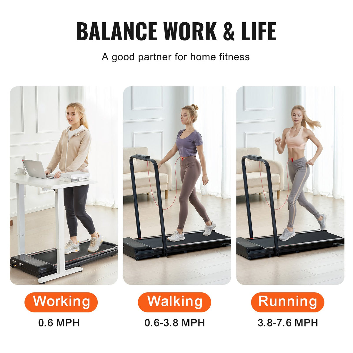 VEVOR Walking Pad, Under Desk Treadmill for Home Office, Working Walking Running Machine, 265 Lbs Capacity Folding Treadmill, 2.5HP 2 in 1 Portable Pad with Handle Bar, Remote Control and LED Display - EHYZBJBKPDDJLDZEKV1 - view 7