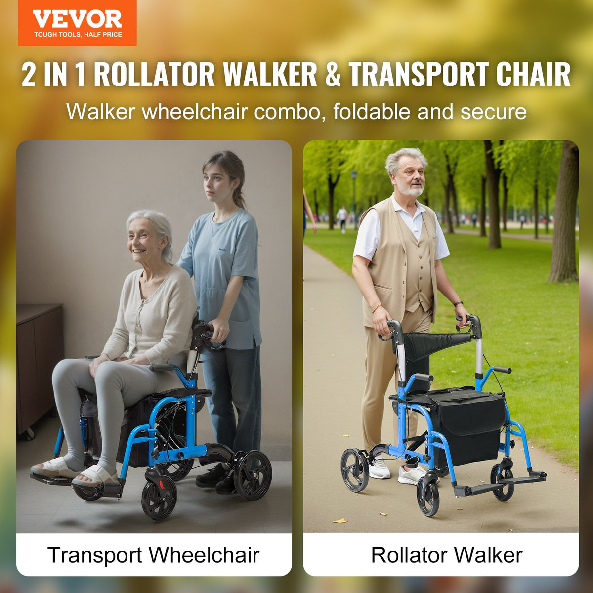VEVOR 2 in 1 Rollator Walker & Transport Chair for Seniors, Folding Rolling Walker Wheelchair Combo & Footrests, Lightweight Aluminum Mobility Walker with Adjustable Handle, All Terrain Wheels, 300LBS - EHYZXQCKJLQ8MZ3U6V0 - view 3