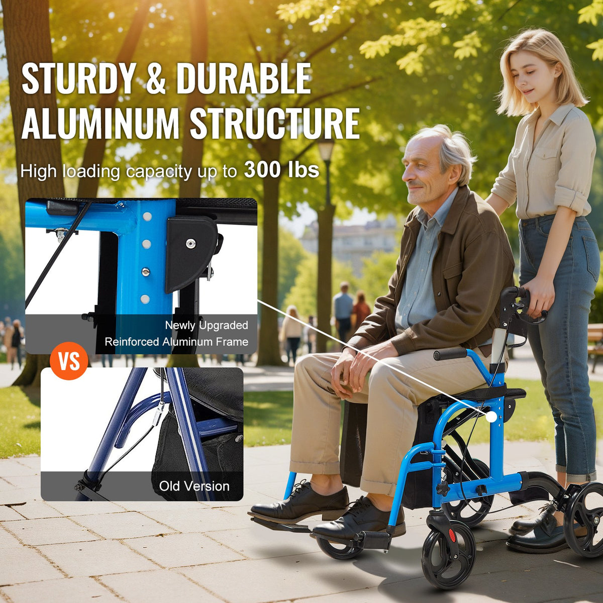 VEVOR 2 in 1 Rollator Walker & Transport Chair for Seniors, Folding Rolling Walker Wheelchair Combo & Footrests, Lightweight Aluminum Mobility Walker with Adjustable Handle, All Terrain Wheels, 300LBS - EHYZXQCKJLQ8MZ3U6V0 - view 4