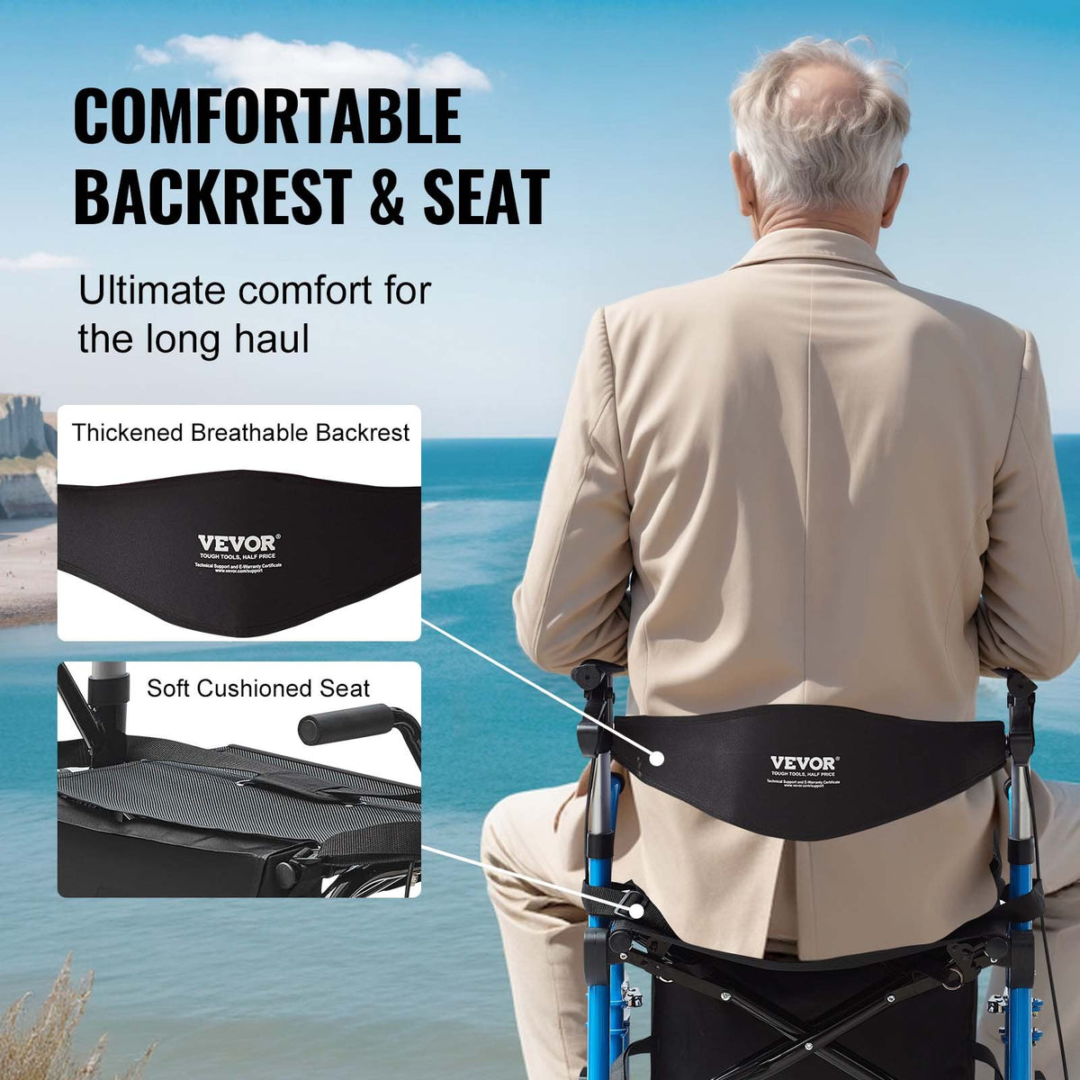 VEVOR 2 in 1 Rollator Walker & Transport Chair for Seniors, Folding Rolling Walker Wheelchair Combo & Footrests, Lightweight Aluminum Mobility Walker with Adjustable Handle, All Terrain Wheels, 300LBS - EHYZXQCKJLQ8MZ3U6V0 - view 7