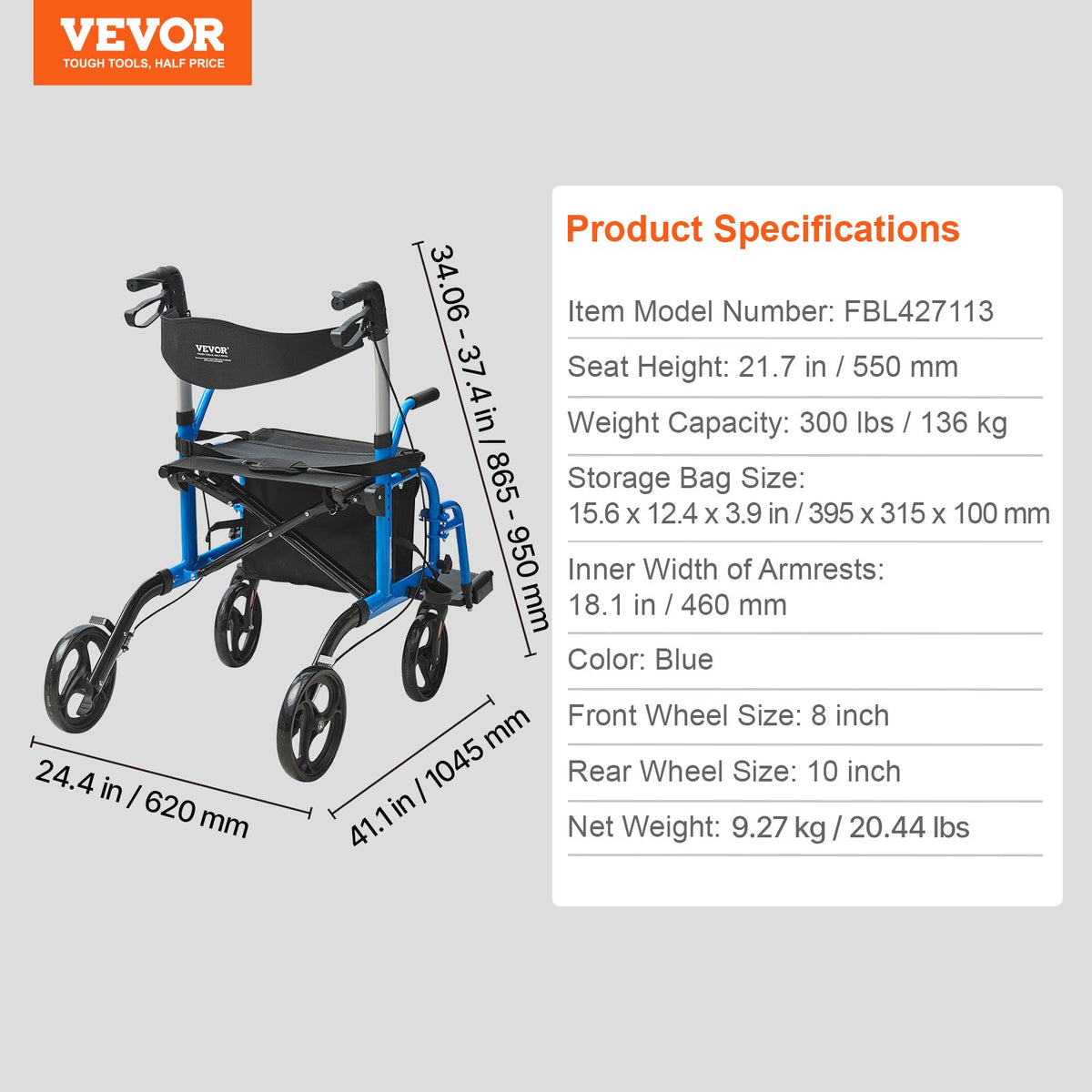 VEVOR 2 in 1 Rollator Walker & Transport Chair for Seniors, Folding Rolling Walker Wheelchair Combo & Footrests, Lightweight Aluminum Mobility Walker with Adjustable Handle, All Terrain Wheels, 300LBS - EHYZXQCKJLQ8MZ3U6V0 - view 8