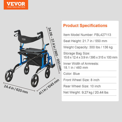 VEVOR 2 in 1 Rollator Walker & Transport Chair for Seniors, Folding Rolling Walker Wheelchair Combo & Footrests, Lightweight Aluminum Mobility Walker with Adjustable Handle, All Terrain Wheels, 300LBS - EHYZXQCKJLQ8MZ3U6V0 - view 8