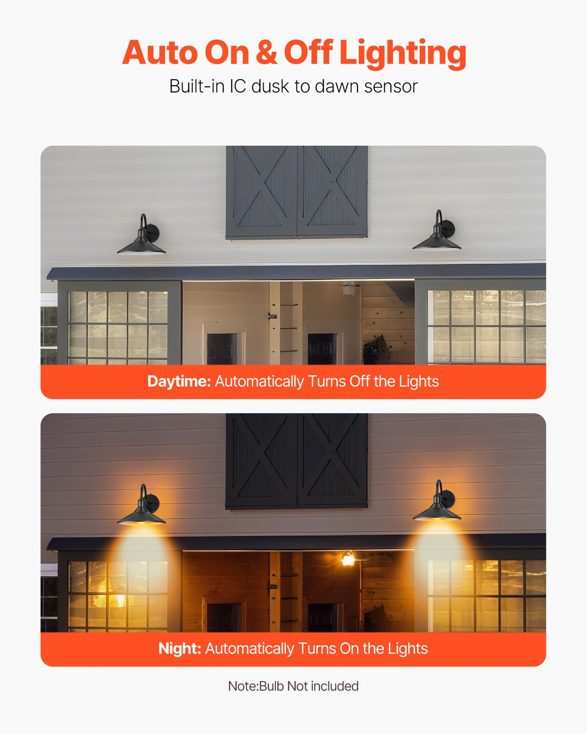 VEVOR Outdoor Barn Light, 11.5 in Diameter, 2-Pack Farmhouse Gooseneck Light Fixture, Dusk to Dawn Exterior Wall Sconce, with Anti-Rust, E26 Bulb Compatible for Porch, House, Entryway, Garage, Black - EJKGCDGG2GZJHB7KB001V1 - view 4