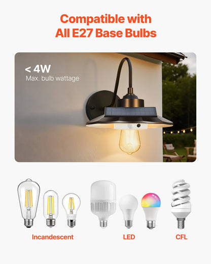 VEVOR Solar Outdoor Barn Light, 3 Lighting Modes and Motion Sensor, 2-Pack Gooseneck Light Fixture, Farmhouse Wall Sconce, with E27 Bulb Compatible, Waterproof for Porch, House, Entryway, Garage, Black - EJKGCDTGGG2GSHLW3001V9 - view 6