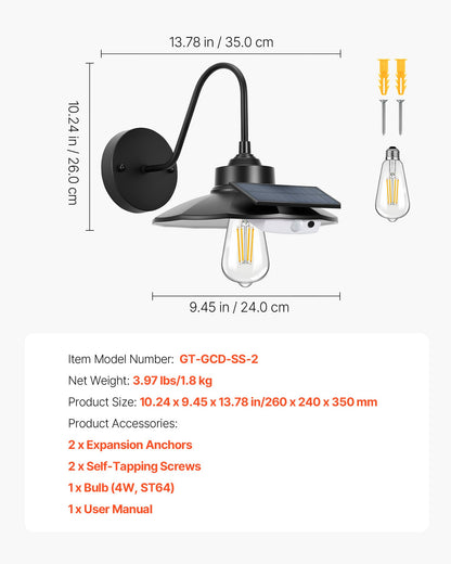 VEVOR Solar Outdoor Barn Light, 3 Lighting Modes and Motion Sensor, 2-Pack Gooseneck Light Fixture, Farmhouse Wall Sconce, with E27 Bulb Compatible, Waterproof for Porch, House, Entryway, Garage, Black - EJKGCDTGGG2GSHLW3001V9 - view 8