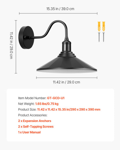 VEVOR Outdoor Barn Light, 11.5 in Diameter, 1-Pack Farmhouse Gooseneck Light Fixture, Exterior Wall Sconce, with Vintage Style, Anti-Rust, E26 Bulb Compatible for Porch, House, Entryway, Garage, Black - EJKGCDW1GZJXE6JJ6001V1 - view 8