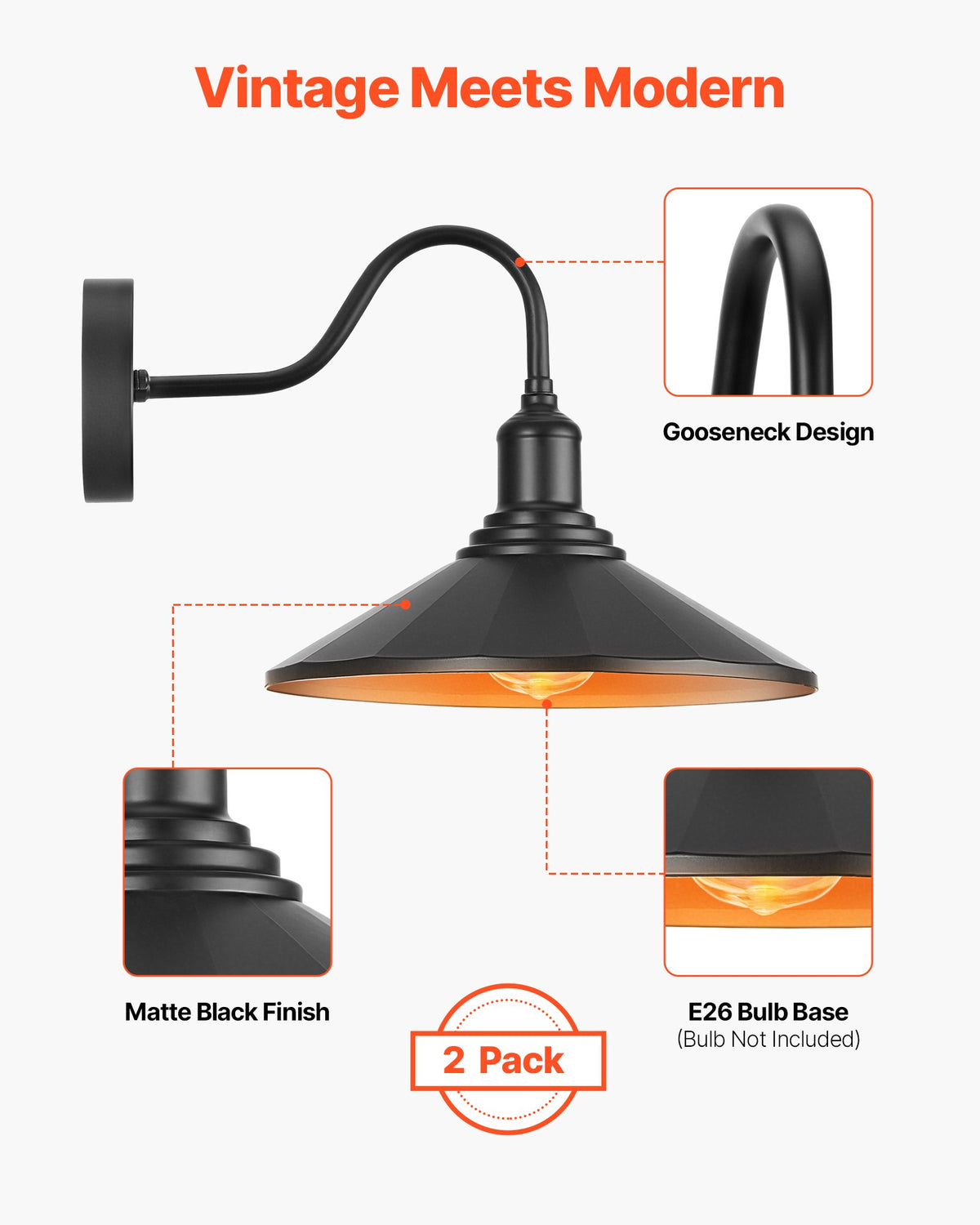 VEVOR Outdoor Barn Light, 11.5 in Diameter, 2-Pack Farmhouse Gooseneck Light Fixture, Exterior Wall Sconce, with Vintage Style, Anti-Rust, E26 Bulb Compatible for Porch, House, Entryway, Garage, Black - EJKGCDW2GZJXGMLNS001V1 - view 3