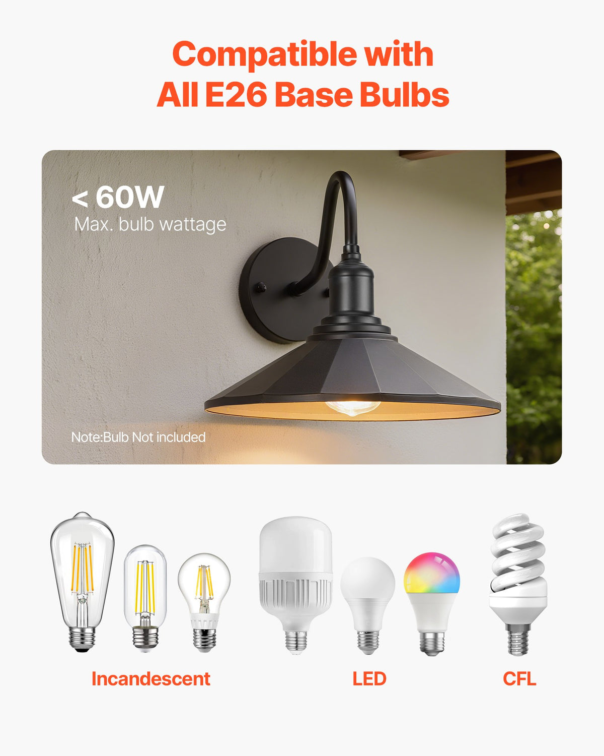 VEVOR Outdoor Barn Light, 11.5 in Diameter, 2-Pack Farmhouse Gooseneck Light Fixture, Exterior Wall Sconce, with Vintage Style, Anti-Rust, E26 Bulb Compatible for Porch, House, Entryway, Garage, Black - EJKGCDW2GZJXGMLNS001V1 - view 4