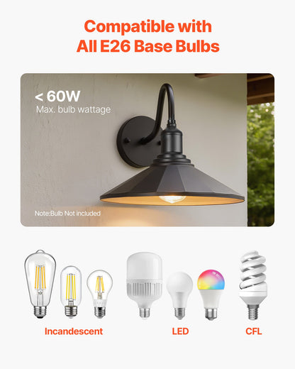 VEVOR Outdoor Barn Light, 11.5 in Diameter, 2-Pack Farmhouse Gooseneck Light Fixture, Exterior Wall Sconce, with Vintage Style, Anti-Rust, E26 Bulb Compatible for Porch, House, Entryway, Garage, Black - EJKGCDW2GZJXGMLNS001V1 - view 4