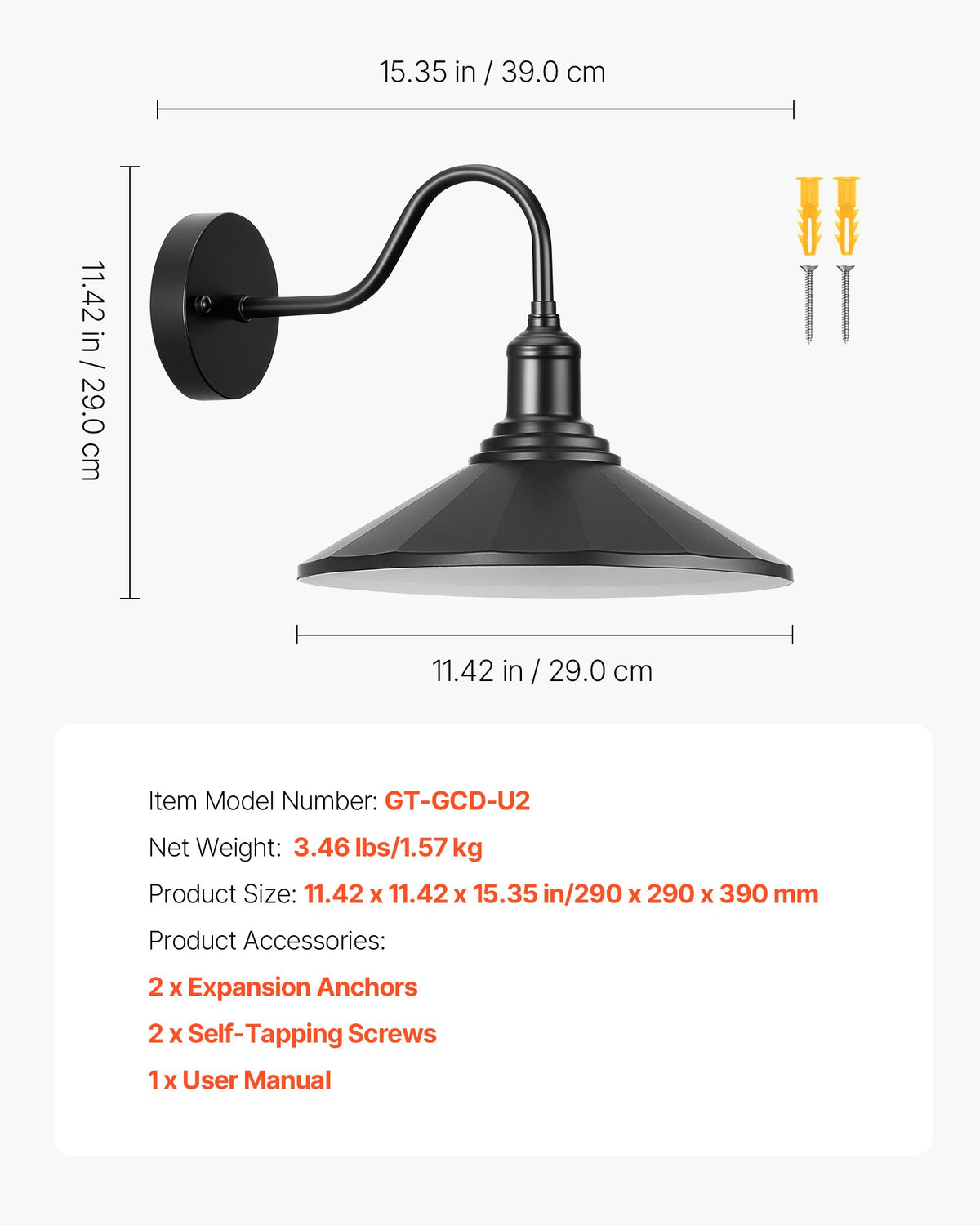 VEVOR Outdoor Barn Light, 11.5 in Diameter, 2-Pack Farmhouse Gooseneck Light Fixture, Exterior Wall Sconce, with Vintage Style, Anti-Rust, E26 Bulb Compatible for Porch, House, Entryway, Garage, Black - EJKGCDW2GZJXGMLNS001V1 - view 8
