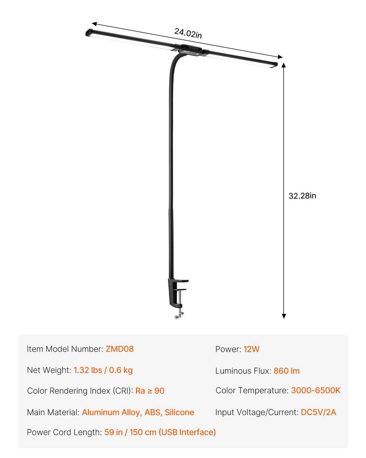 VEVOR LED Desk Lamp with Clamp, Double Head Architect Desk Lamp for Home Office, Eye-Caring Desk Light with 360° Adjustable Gooseneck, 50 Lighting Modes & Timer Function for Studying Working Drawing - EJTDJZ000000643ZGV1 - view 8