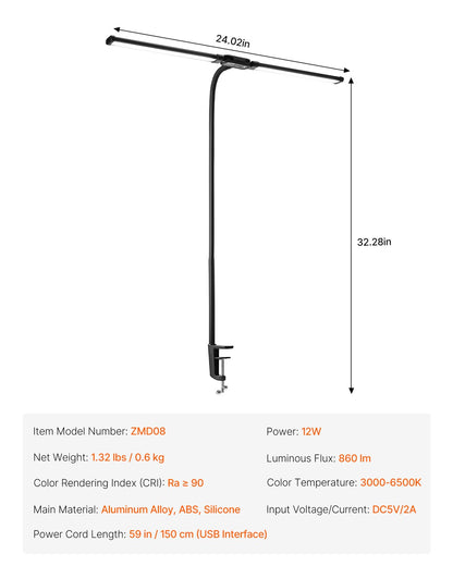 VEVOR LED Desk Lamp with Clamp, Double Head Architect Desk Lamp for Home Office, Eye-Caring Desk Light with 360° Adjustable Gooseneck, 50 Lighting Modes & Timer Function for Studying Working Drawing - EJTDJZ000000643ZGV1 - view 8