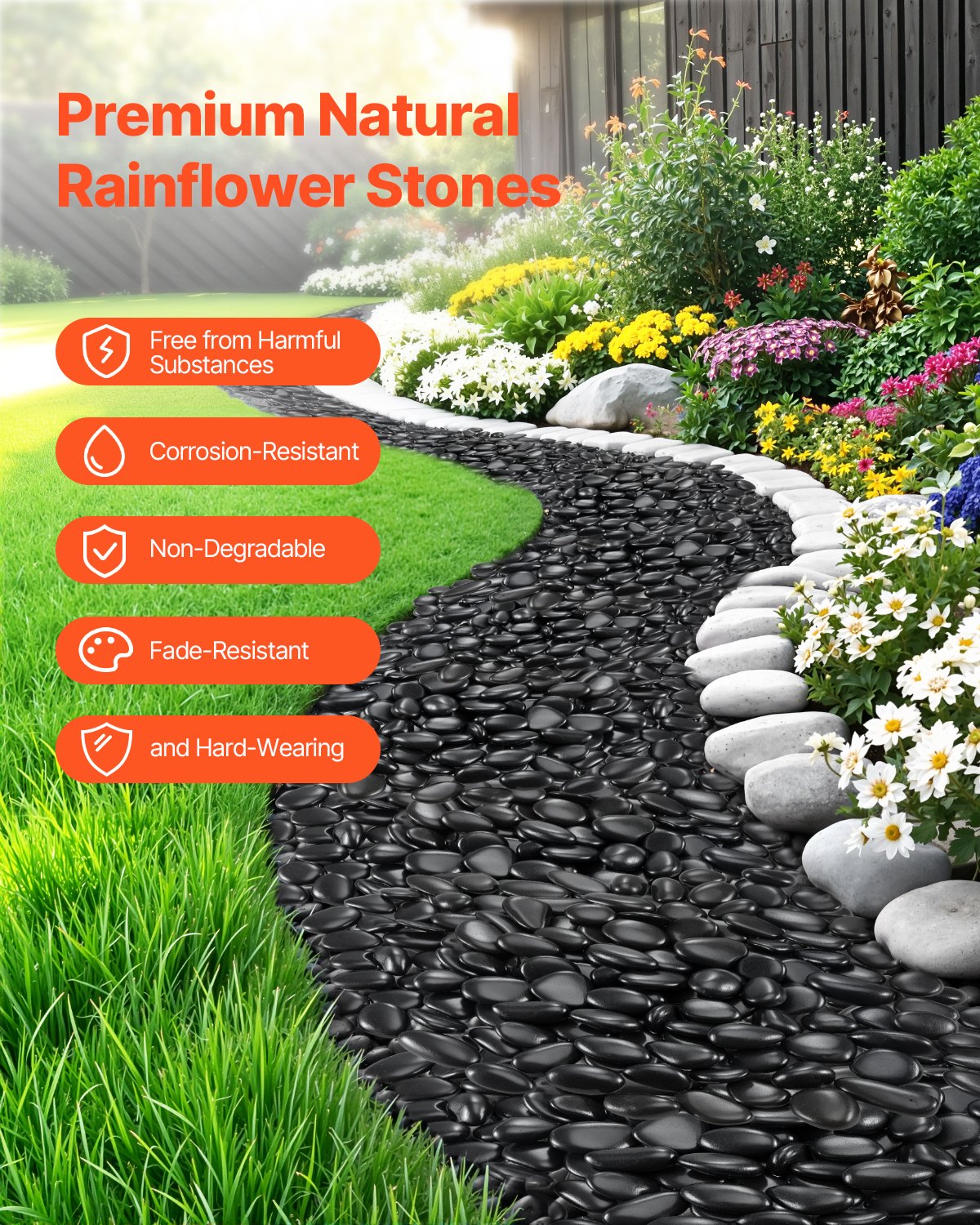 VEVOR Black River Rocks, 1-2 inch 15 lbs, Smooth & Polished Natural Pebble Stones, Decorative Garden Landscaping Stones, Paving Plant Rocks for Fish Tank, Flower Pots, Water Fountains, Pathways, Backyard - ELSHELS12INCUKJ9F001V0 - view 4