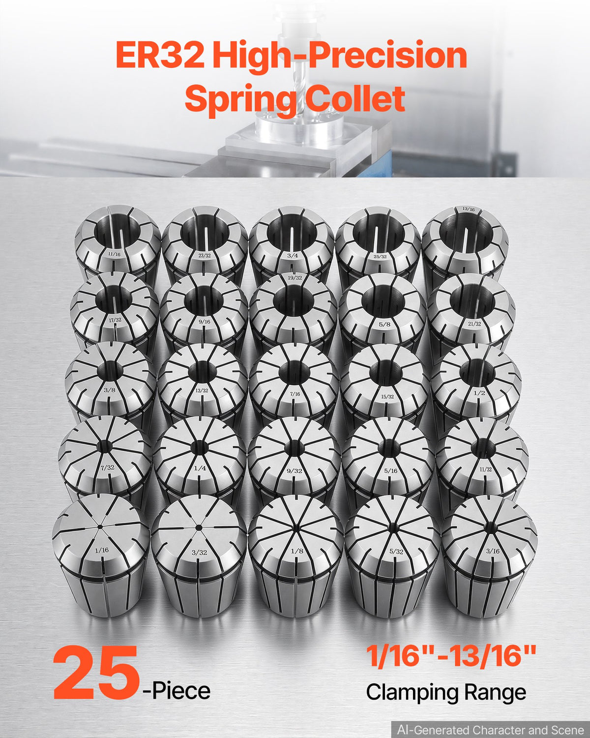 VEVOR ER32 Collet Set 1/16"-13/16" 25 Piece ER32 Spring Collet Chuck Set, for Milling Machines & Drill Presses, 0.0008" TIR High Concentricity, Precision Lathe Chuck Tool with Storage Box, Alloy Steel - ERJTTZER32256ZPP0001V0 - view 3