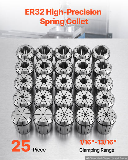 VEVOR ER32 Collet Set 1/16"-13/16" 25 Piece ER32 Spring Collet Chuck Set, for Milling Machines & Drill Presses, 0.0008" TIR High Concentricity, Precision Lathe Chuck Tool with Storage Box, Alloy Steel - ERJTTZER32256ZPP0001V0 - view 3
