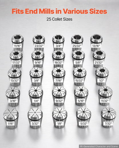 VEVOR ER32 Collet Set 1/16"-13/16" 25 Piece ER32 Spring Collet Chuck Set, for Milling Machines & Drill Presses, 0.0008" TIR High Concentricity, Precision Lathe Chuck Tool with Storage Box, Alloy Steel - ERJTTZER32256ZPP0001V0 - view 6