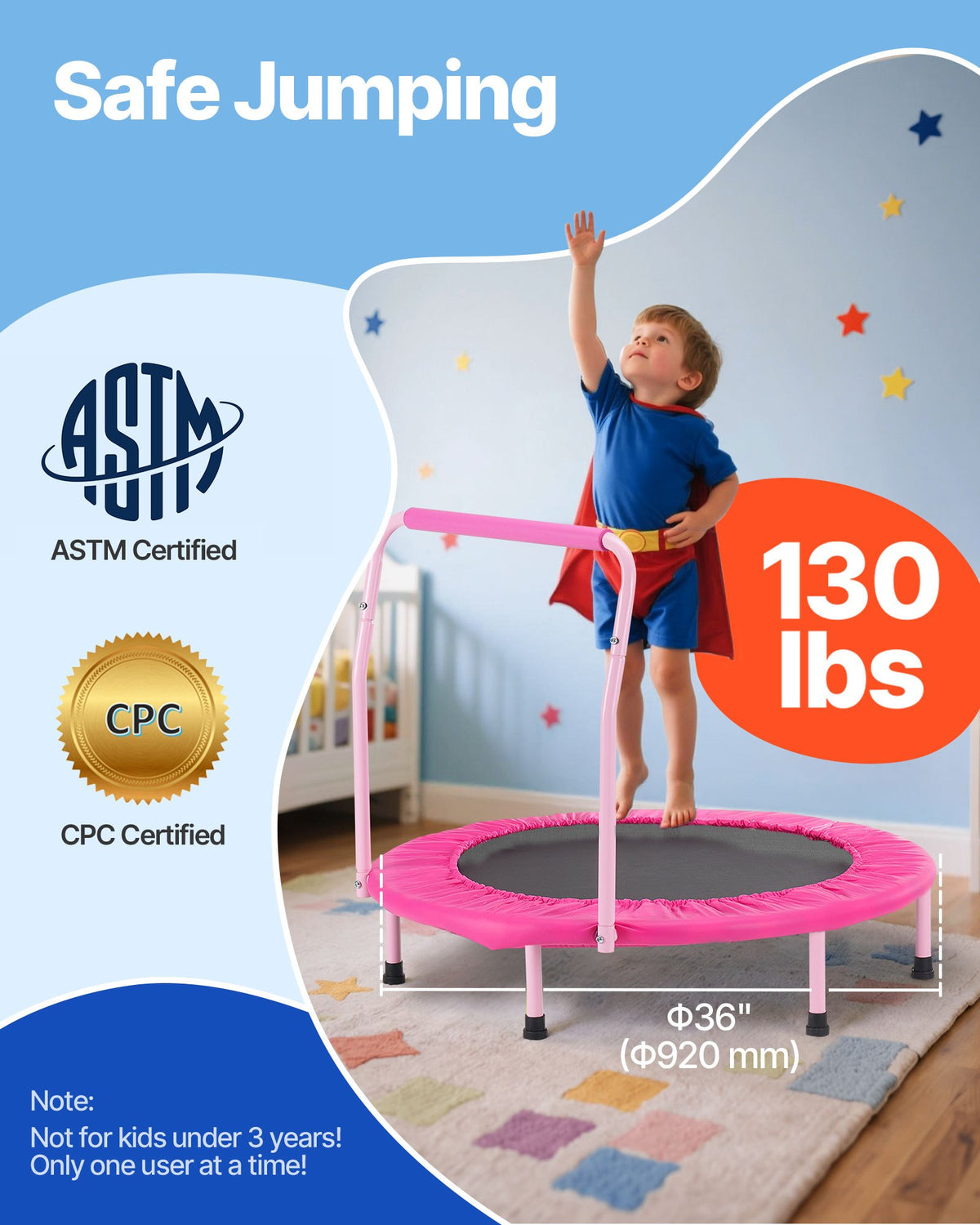 VEVOR 36" Kids Trampoline, 3FT Indoor Outdoor Trampoline, Foldable Mini Trampoline with Handle, Rebounder Trampoline for Toddlers, Birthday Gift for 3+ Years Children, Boys Girls for Fun, Pink - ETBC36YCYXBCFYJJKV0 - view 3