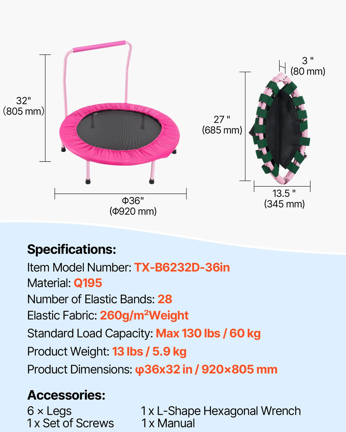 VEVOR 36" Kids Trampoline, 3FT Indoor Outdoor Trampoline, Foldable Mini Trampoline with Handle, Rebounder Trampoline for Toddlers, Birthday Gift for 3+ Years Children, Boys Girls for Fun, Pink - ETBC36YCYXBCFYJJKV0 - view 8