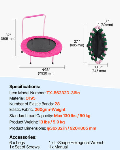 VEVOR 36" Kids Trampoline, 3FT Indoor Outdoor Trampoline, Foldable Mini Trampoline with Handle, Rebounder Trampoline for Toddlers, Birthday Gift for 3+ Years Children, Boys Girls for Fun, Pink - ETBC36YCYXBCFYJJKV0 - view 8